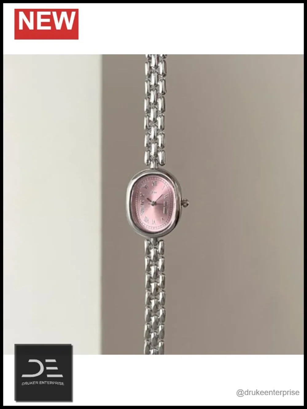 Elegant Oval Quartz Analog Wristwatch with Metal Link Band, Roman Numeral Dial,